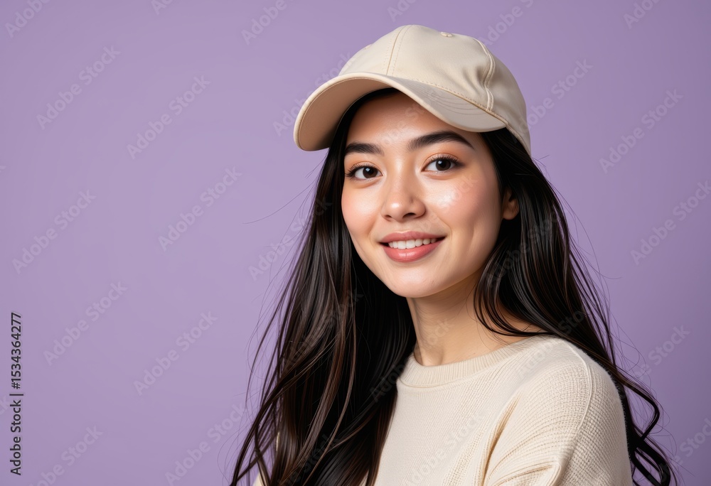 Smiling Asian Woman with Long Black Hair Wearing Beige Baseball Cap Studio Portrait Smiling Asian Woman with Long Black Hair Wearing Beige Baseball Cap Studio Portrait