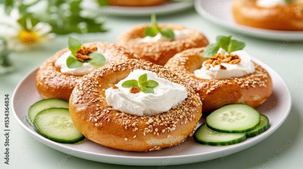 Delicious Fresh Bagels Topped with Cream Cheese and Colorful Cucumber Slices Delicious Fresh Bagels Topped with Cream Cheese and Colorful Cucumber Slices