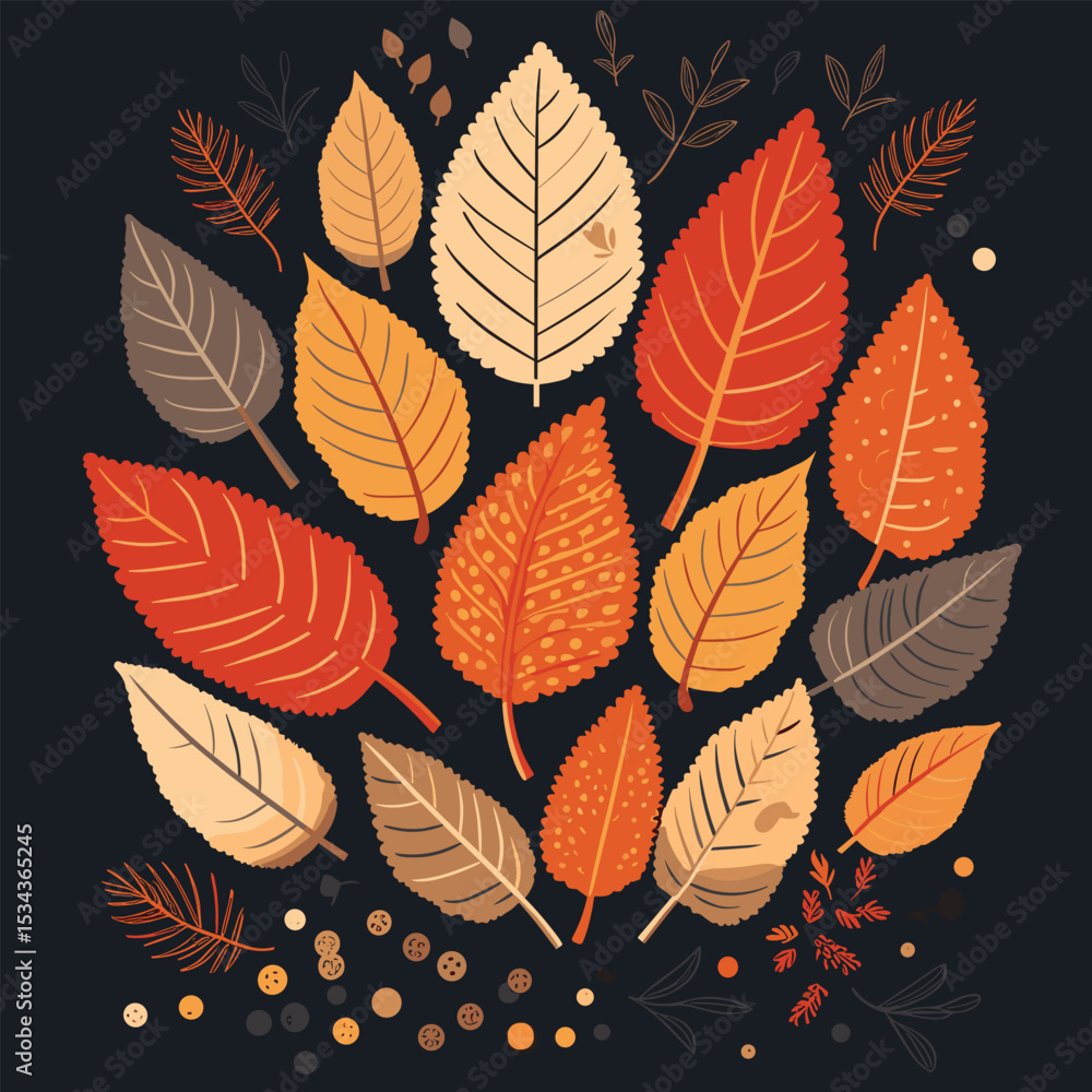 Obraz premium Hand Drawn Autumn Leaves Bouquet Illustration on Dark Blue