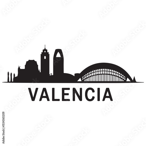 Vector Valencia skyline. Travel Valencia famous landmarks. Business and tourism concept for presentation, banner, web site. Vector black silhouette. with white background