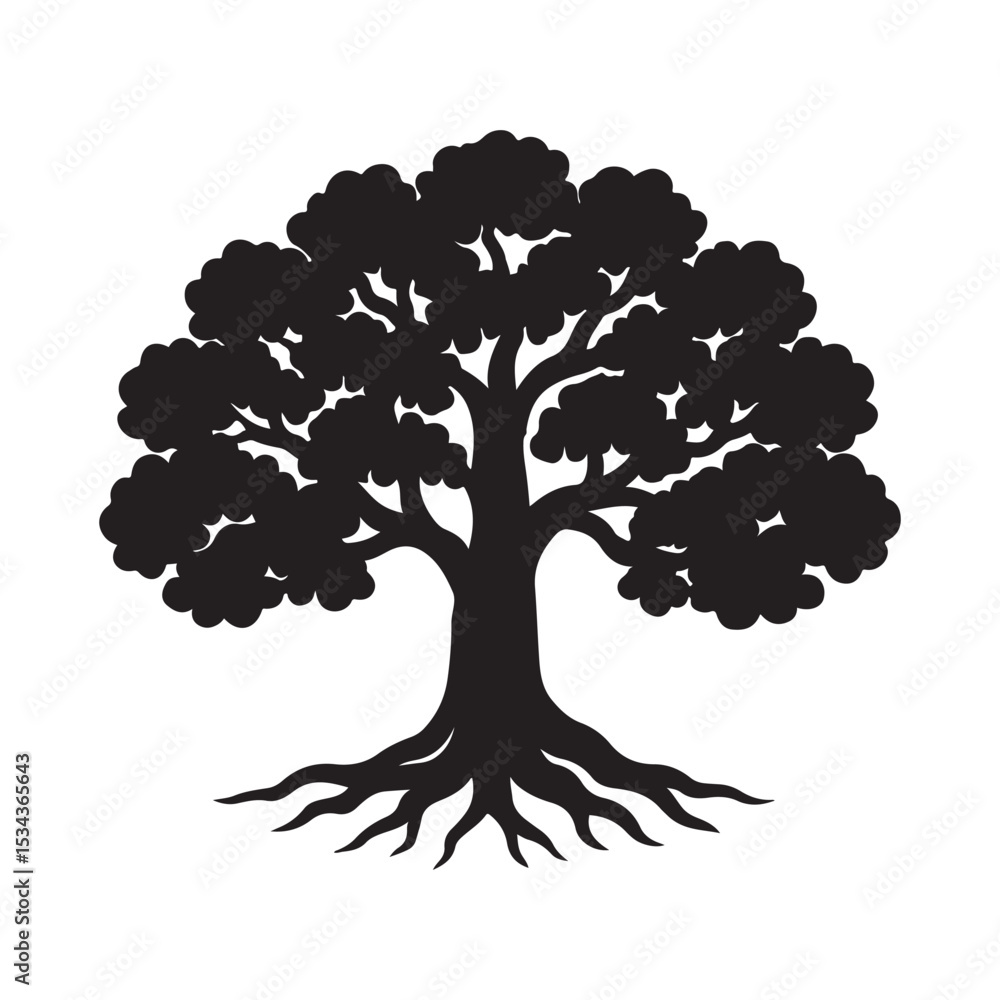 Fototapeta premium Elegant tree vector silhouette with expansive canopy and roots for spiritual or artistic use.