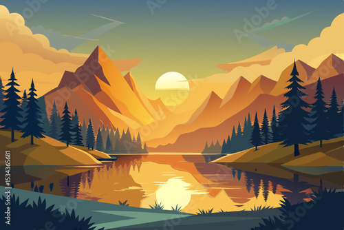 Capturing the serene beauty of dawn and dusk, this landscape image features the sun's golden glow over majestic mountains, often veiled in mist or clouds, with serene forests and lakes extending to th