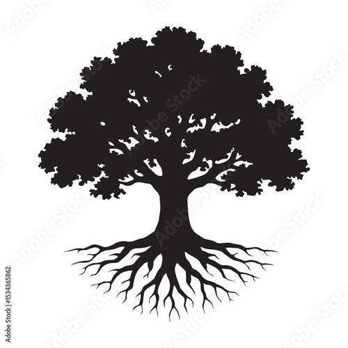 Majestic black tree silhouette with visible roots perfect for nature themed graphic design projects.