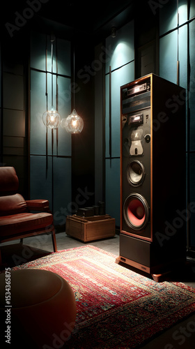 A high-end audio speaker system in a modern home theater with mood lighting   -