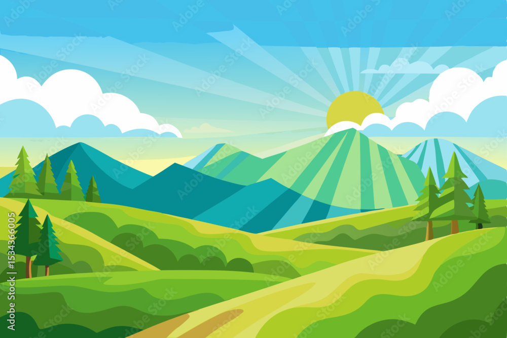 Obraz premium Lush summer mountain landscape with blue sky and green hills