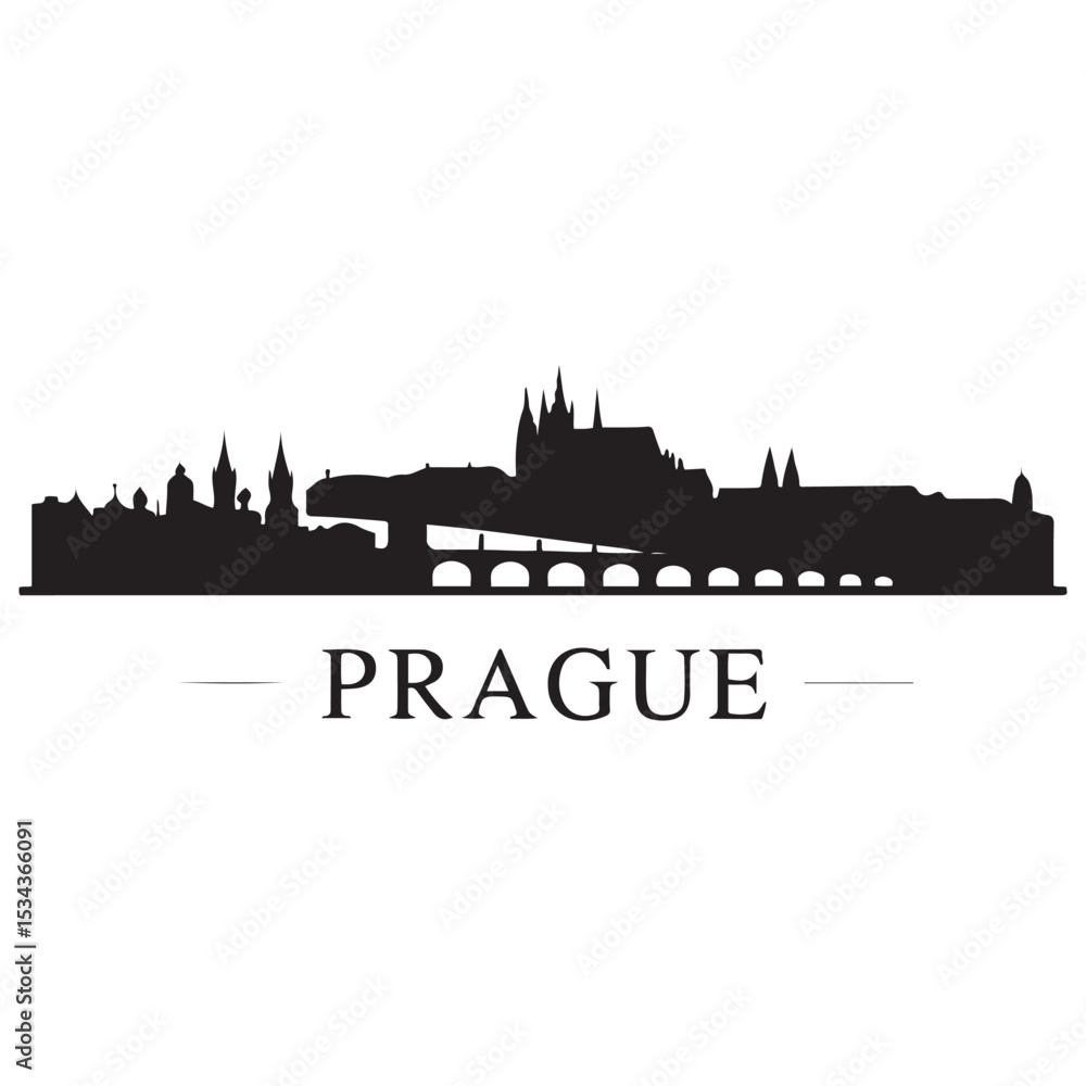 Fototapeta premium Prague skyline horizontal banner. Prague, Czech Republic. Vector template for your design. Vector black silhouette. with white background