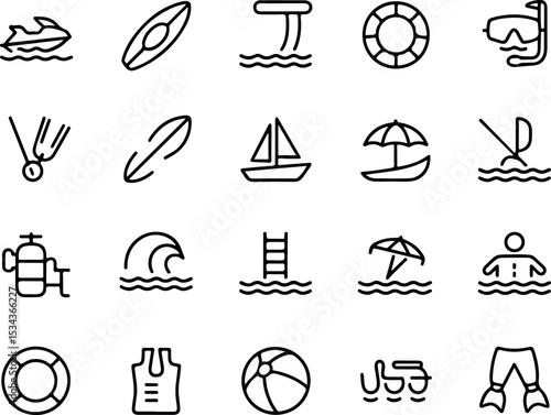 Water Recreation Line Icon Set – Minimal Thin Stroke Icons of Surfing, Jet Ski, Snorkeling, Kayaking, Beach Fun, Swimming and Outdoor Vacation Activities
