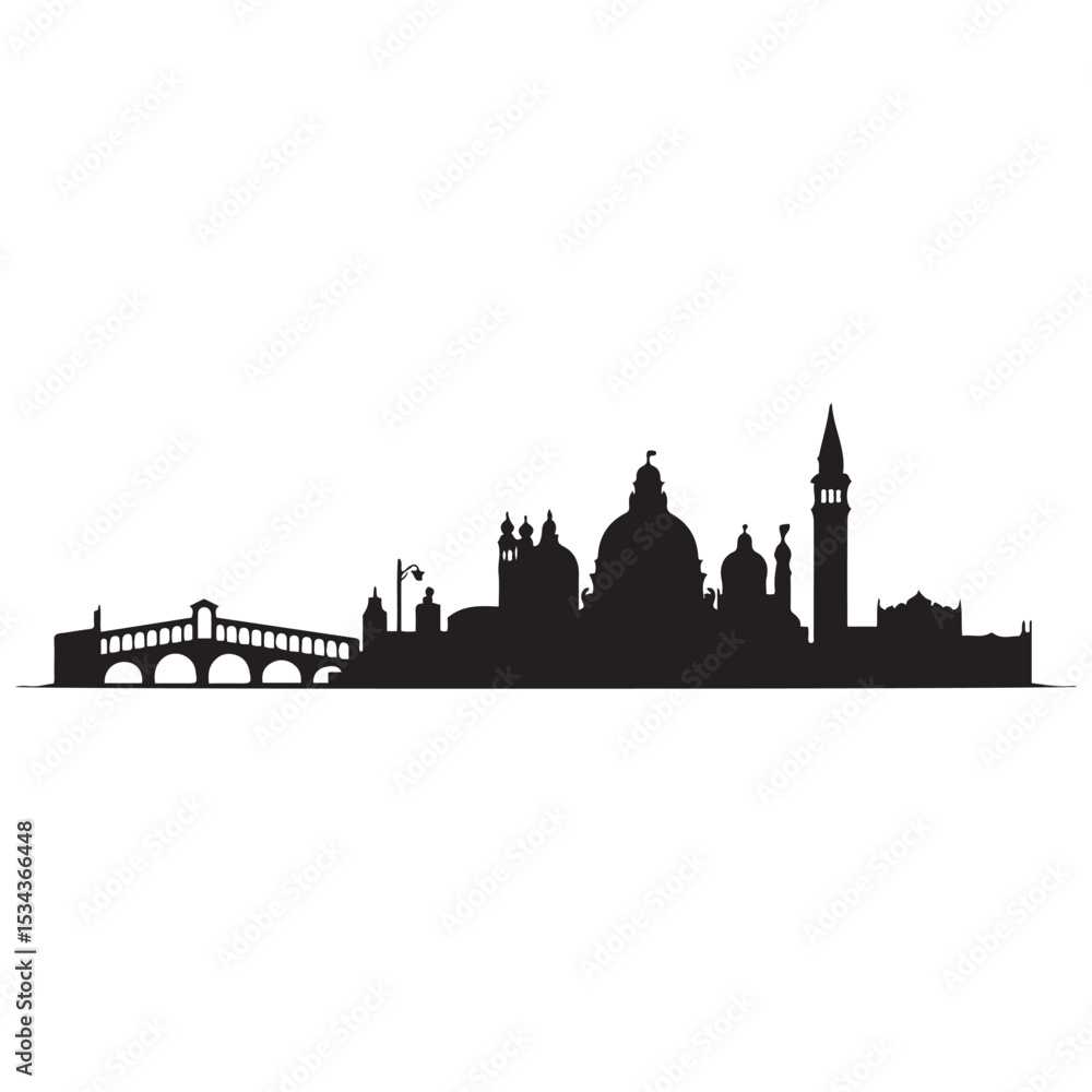 Naklejka premium Venice skyline horizontal banner. Venice City, Italy. Vector template for your design. Vector black silhouette. with white background