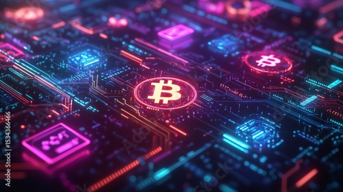 An abstract digital crypto money concept depicted as a glowing matrix of interconnected geometric shapes and shimmering energy grids.
