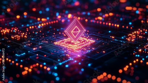 An abstract digital crypto money concept depicted as a glowing matrix of interconnected geometric shapes and shimmering energy grids.
