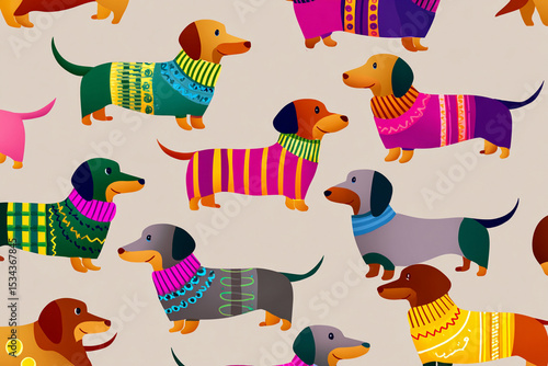 Colorful dachshunds in vibrant sweaters playfully arranged on a light background