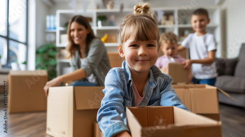 Happy family packing boxes in their living room 