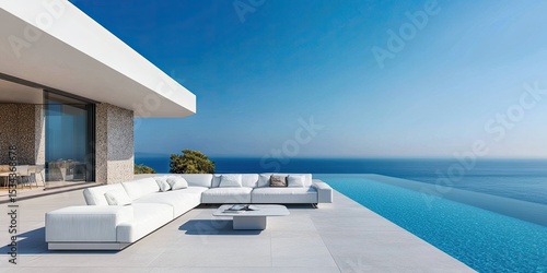 Modern white patio furniture by a stunning infinity pool overlooking the ocean