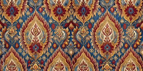Elegant floral damask pattern in rich colors featuring reds, blues, and golds.
