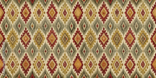 Vibrant patterned textile with diamond shapes in warm hues.