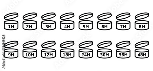 Period after open icons set. Period After Opening PAO label symbol, icon logo. Period expiration date after opened product icon. Cosmetic open period month 1M to 48M. Expiration period in months sign.