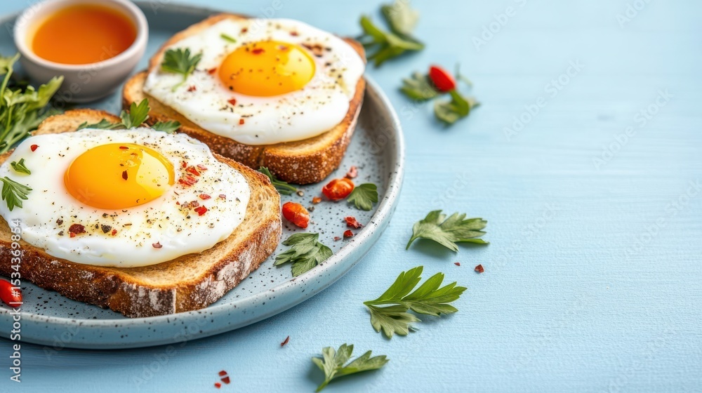 Delicious Breakfast Featuring Eggs on Toast with Tomato and Parsley Garnish Delicious Breakfast Featuring Eggs on Toast with Tomato and Parsley Garnish