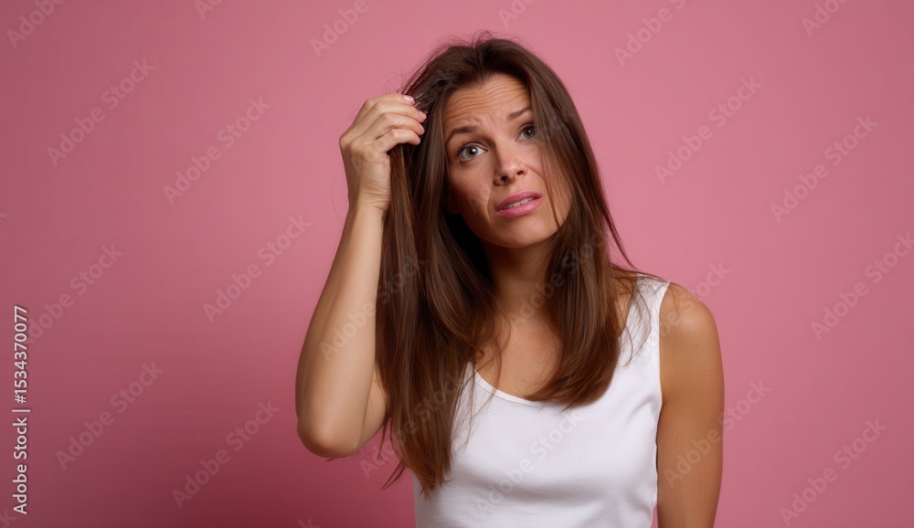 Woman with long brown hair looks confused and worried while touching her hair against pink background. She appears to be experiencing frustration or concern about her hair or appearance Woman with long brown hair looks confused and worried while touching her hair against pink background. She appears to be experiencing frustration or concern about her hair or appearance