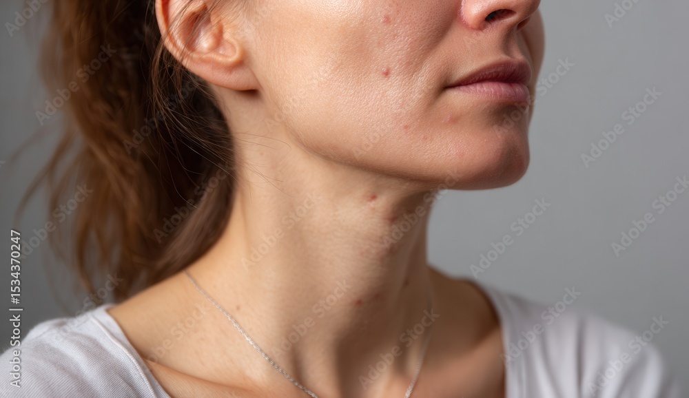 Obraz premium Closeup of woman face showing skin issues with acne and blemishes on her cheek and neck, highlighting skin concerns and imperfections, with neutral background and natural lighting