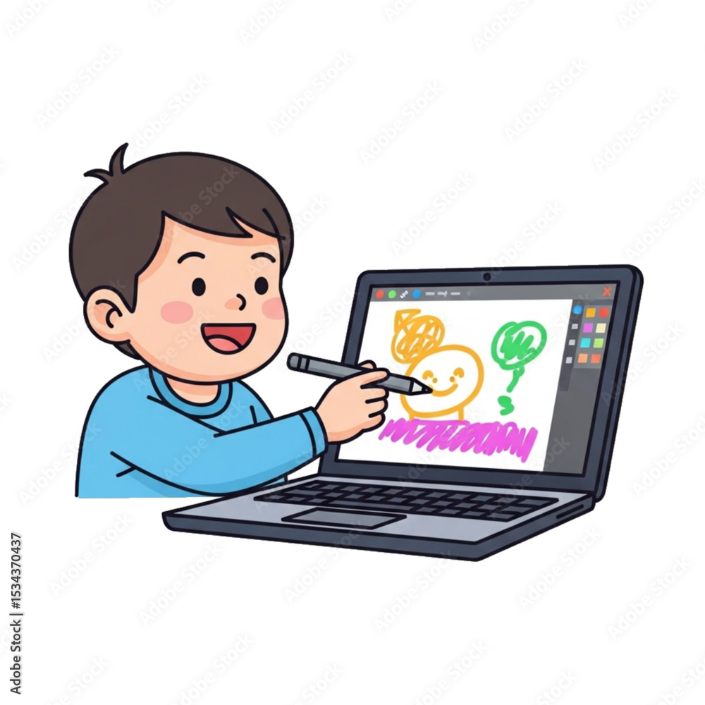 Child painting a picture using a laptop, symbolizing digital creativity or e-learning. Child painting a picture using a laptop, symbolizing digital creativity or e-learning.