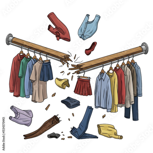 Clothes falling off the rack in a chaotic wardrobe, symbolizing clutter or mess.