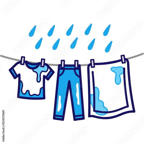 Clothes hanging under rain, representing unexpected weather or poor planning.