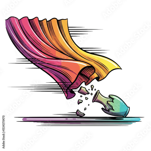 Window curtain flying from wind, with a flowerpot knocked down, symbolizing windy accident.