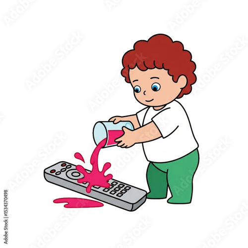 Child spilling pink paint on a remote controler, symbolizing accident or tech damage.