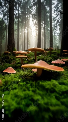 Sunlight filters through a dense forest with a bed of vibrant green moss and clusters of brown mushrooms on the forest floor.