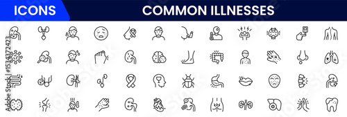 Common Illnesses line icons set. Common Illnesses outline icons with editable stroke collection. These Includes Breast Cancer, Depression, Brain Tumor, Allergy, Diabetes, and More.