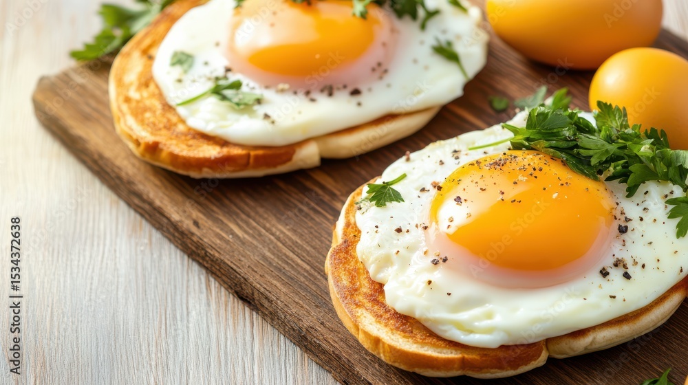 Two Fresh Eggs Placed Elegantly on a Rustic Wooden Board with Herbs Two Fresh Eggs Placed Elegantly on a Rustic Wooden Board with Herbs