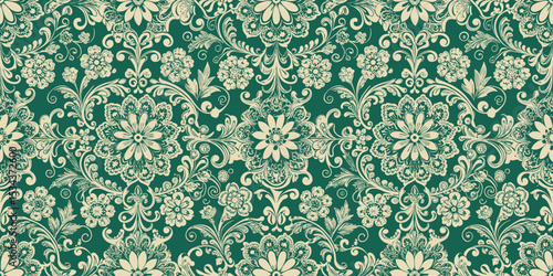 Elegant floral damask pattern in green and cream hues.