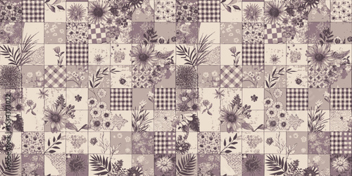 Elegant floral patchwork pattern in muted tones, ideal for fabric design.