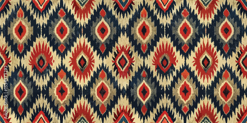 Intricate tribal pattern in beige, red, and navy blue, showcasing bold geometric designs.