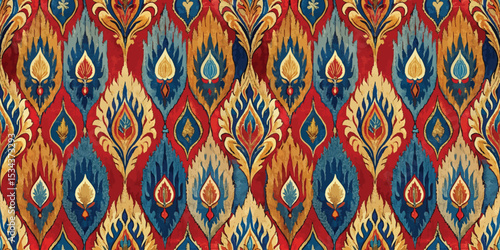 Colorful floral pattern with red, blue, and gold tones in a vibrant design.