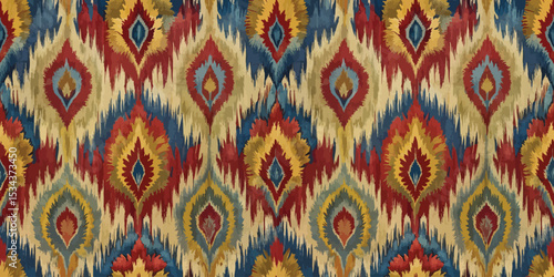 Vibrant ikat pattern showcasing rich colors and dynamic shapes.