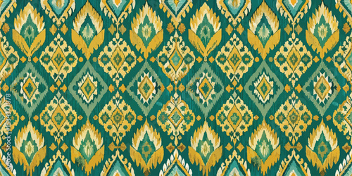 Vibrant green and yellow floral pattern with intricate diamond motifs.