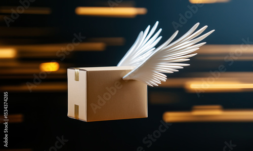 Cardboard package with white wings flies through the air with motion streaks, symbolizing fast delivery