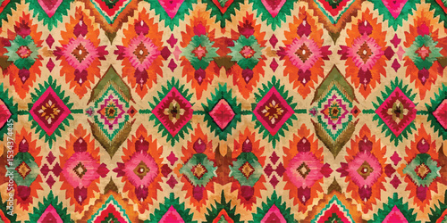 Colorful geometric textile pattern with vibrant floral designs.