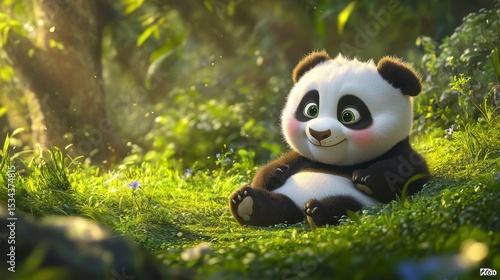 Adorable baby panda sitting in lush green forest, sunlight shining.