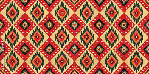 Vibrant tribal pattern featuring red, orange, and black diamond motifs.