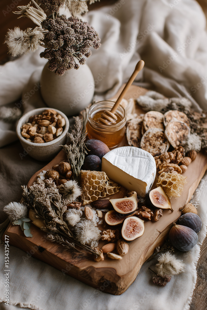 Fototapeta premium Autumn snack board with brie, honey and figs