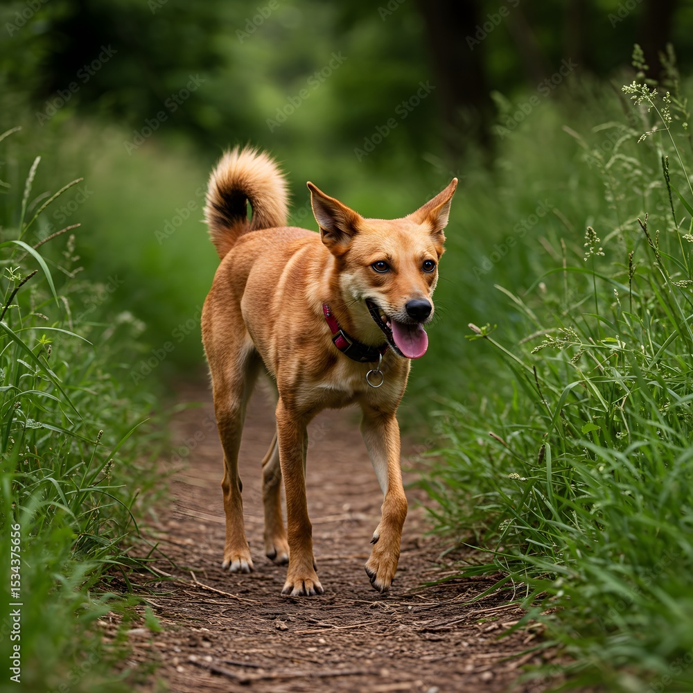 Walking Dog on Path Through Grassy Woods Walking Dog on Path Through Grassy Woods