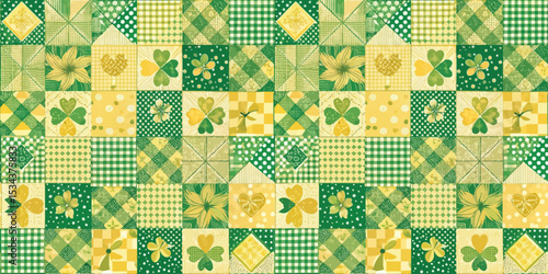 Colorful patchwork quilt pattern in shades of green and yellow, ideal for spring themes.