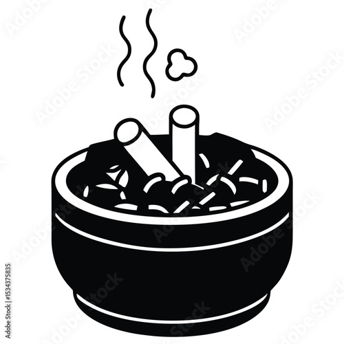 minimalistic black silhouette line-art illustration of an ashtray filled with several cigarette butts