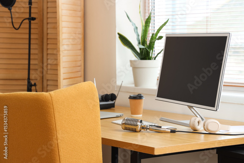 Wallpaper Mural Workplace with computer, headphones and microphone in recording studio Torontodigital.ca