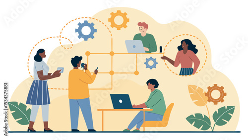 Flat Vector Art of Diverse Team Using Digital Connectivity  