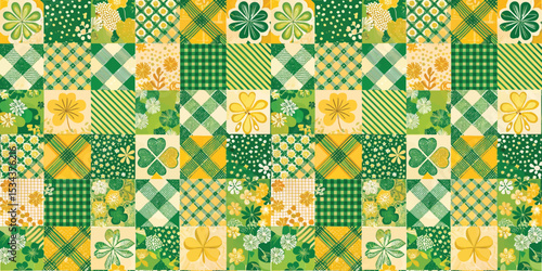 A vibrant green and yellow patchwork pattern featuring clovers and floral designs.