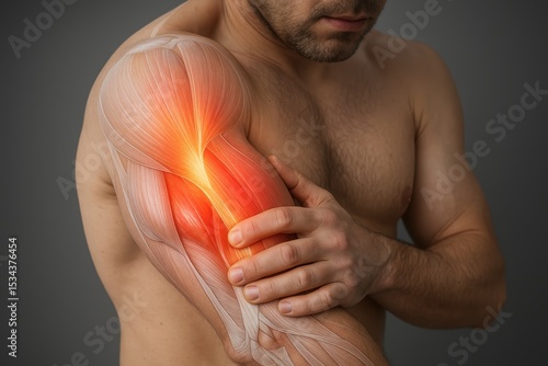 A man with arm muscle pain showing health problems, medical concepts.  A visual representation of a health challenge, with highlighted pain signals to depict an invisible health struggle.