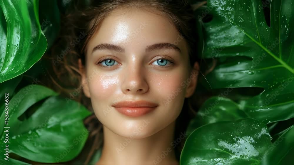 Woman Face of a fair skinned person surrounded by large green monstera leaves. Person is looking forward. Fresh clean water droplets on foliage Woman Face of a fair skinned person surrounded by large green monstera leaves. Person is looking forward. Fresh clean water droplets on foliage